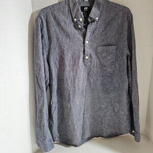 H&M Mens Linen Multi Cotton Blue Weave Long Sleeve Regular Fit Blue 4 Button M